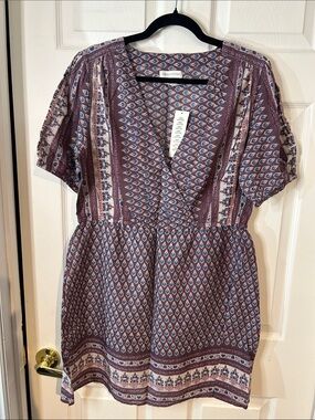 Urban Outfitters Mauve Floral Print Dress with Blue & Cream Motifs